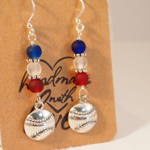 Baseball Earrings Red White Blue Earrings Sea Glass Dangle Pierced Earrings - Picture 8 of 9